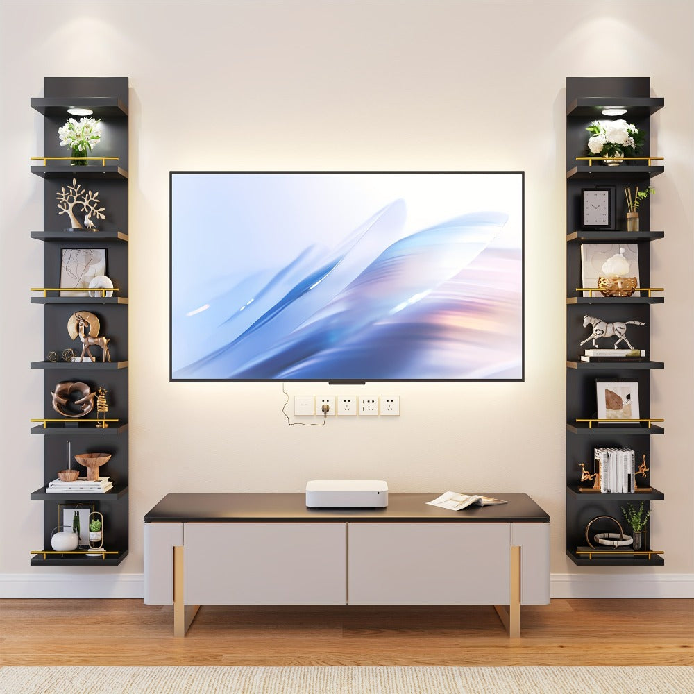 Floating Wall Shelves with LED Light - 6 & 8 Tier Wall Mounted Display Shelf Unit with Anti-Slip Rails for Bedroom