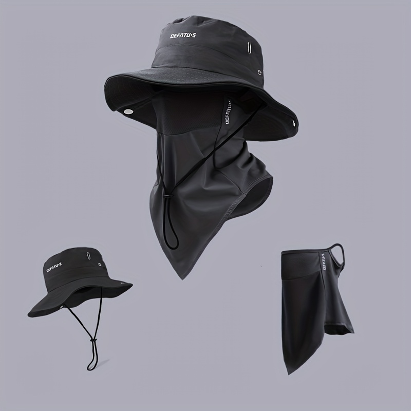 Wide Brim Sun Hat with Face Mask 2-Set UV Protection Foldable Fishing Hat, Breathable Drawstring Outdoor Cap for Beach, Fishing
