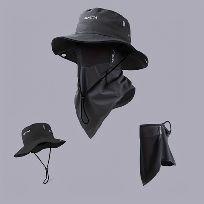 Wide Brim Sun Hat with Face Mask 2-Set UV Protection Foldable Fishing Hat, Breathable Drawstring Outdoor Cap for Beach, Fishing