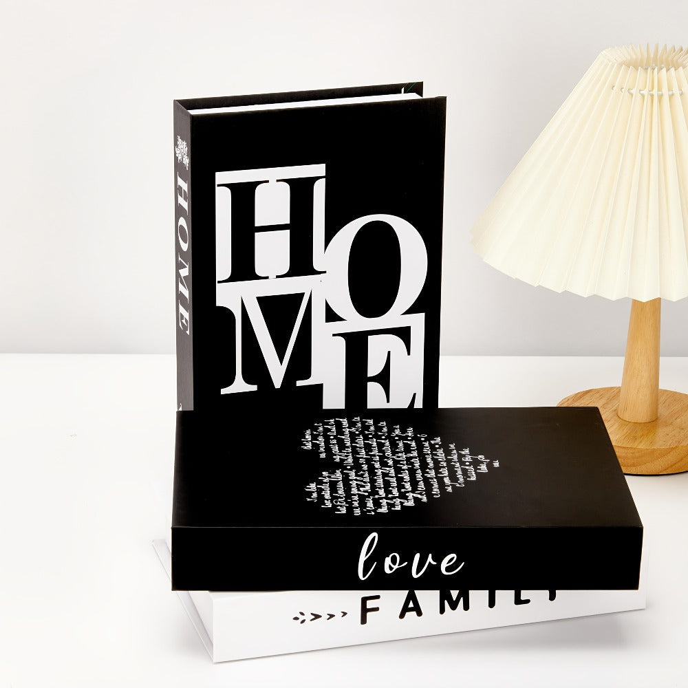 Decorative Book Set 3pcs Fake Books with HOME FAMILY LOVE Design – Elegant Black Minimalist Faux Books for Shelf Decor Living Room Coffee