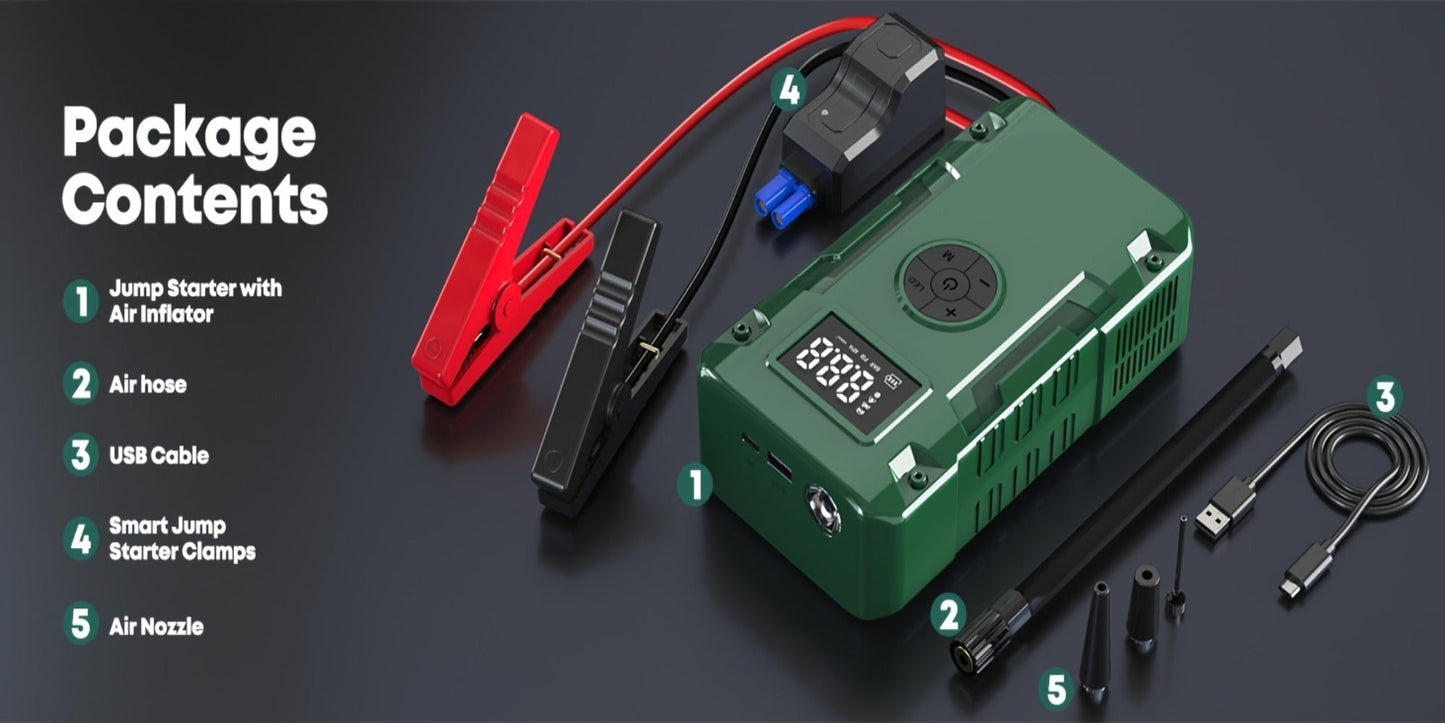 Jump Starter 10000A 7-in-1 with Air Pump – 150PSI Tire Inflator, Portable Battery Booster for Gas & Diesel, USB & USB-C Power Bank