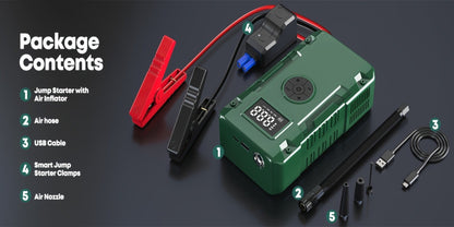 Jump Starter 10000A 7-in-1 with Air Pump – 150PSI Tire Inflator, Portable Battery Booster for Gas & Diesel, USB & USB-C Power Bank