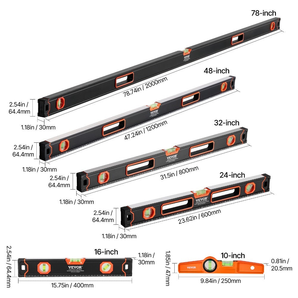 Magnetic Torpedo Level Set 6-Piece Full Magnetic All Sizes | 10 16 24 32 48 78 Inch Aluminum Spirit Level Kit Anti-Static Vials 3-in-1 |