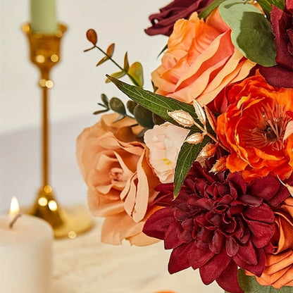 Artificial Flowers Foam Rose Bouquet with Orange, Wine Red and Blue Blooms plus Flexible Metal Stem