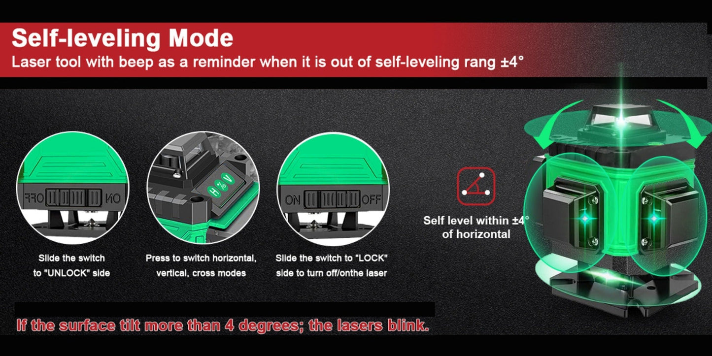 16-Line 4D Laser Level 360° Self-Leveling Cross Line Laser with Rechargeable Battery, Professional Rotary Laser for Construction