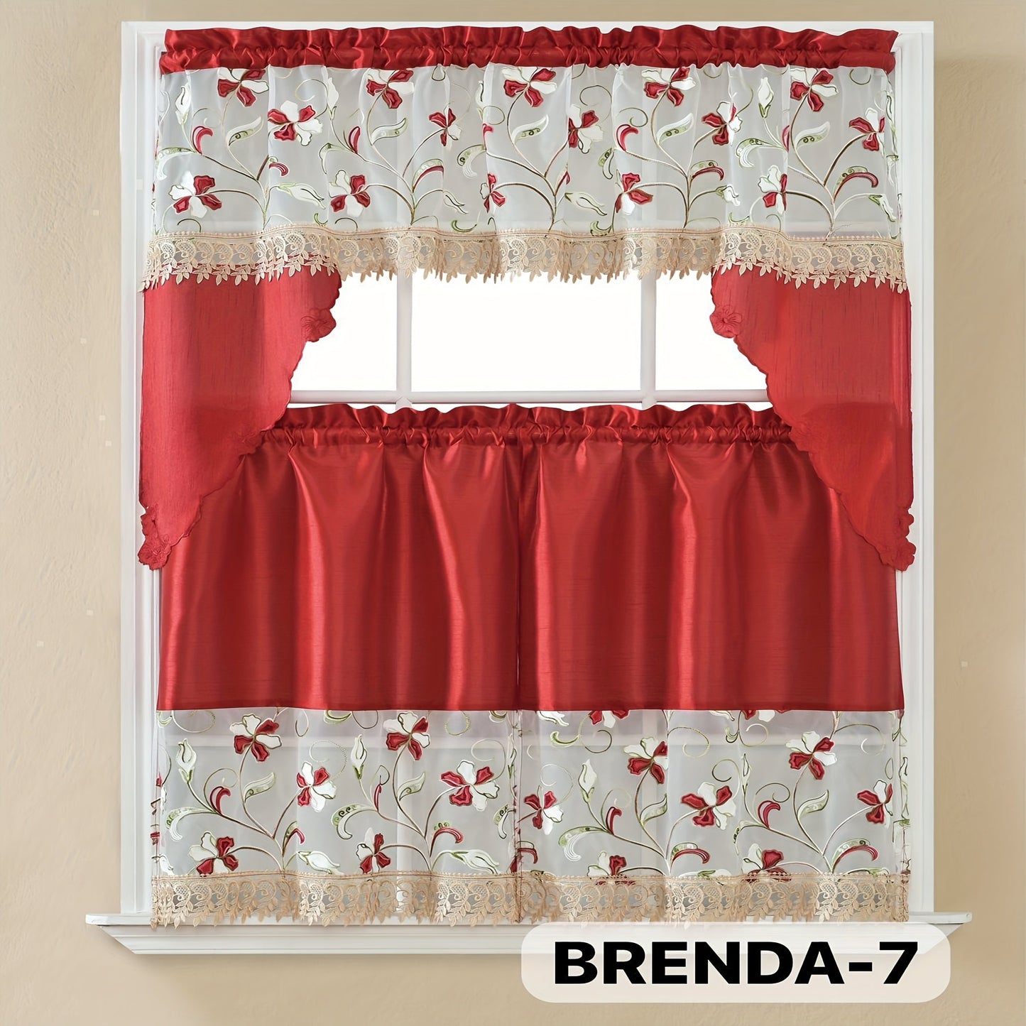 Kitchen Curtains 3 Piece Set Embroidered Satin Valance and Tiers – Rod Pocket Light Filtering Machine Washable 46 Colors
