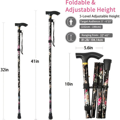 Foldable Walking Cane for Seniors Adjustable Height Folding Stick with Wrist Strap T-Handle for Entryways, Bedrooms and Living Spaces
