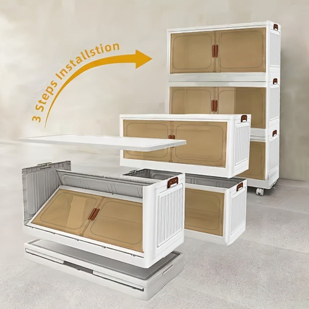 Folding Storage Cabinet 1-6 Tier Collapsible Stackable Organizer with Wheels and Lids – Extra Large Foldable Storage Locker for Closet