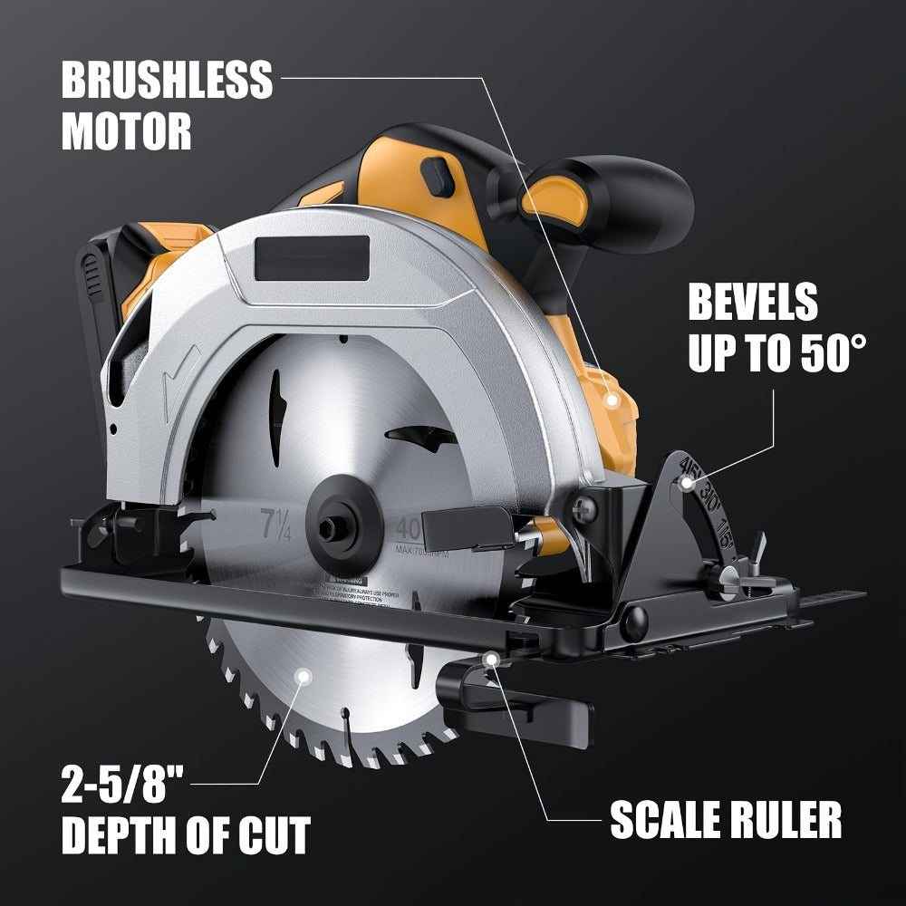 Cordless Circular Saw Compatible with DeWalt 20V MAX Battery, 7-Inch Brushless Electric Saw, 0-50° Bevel