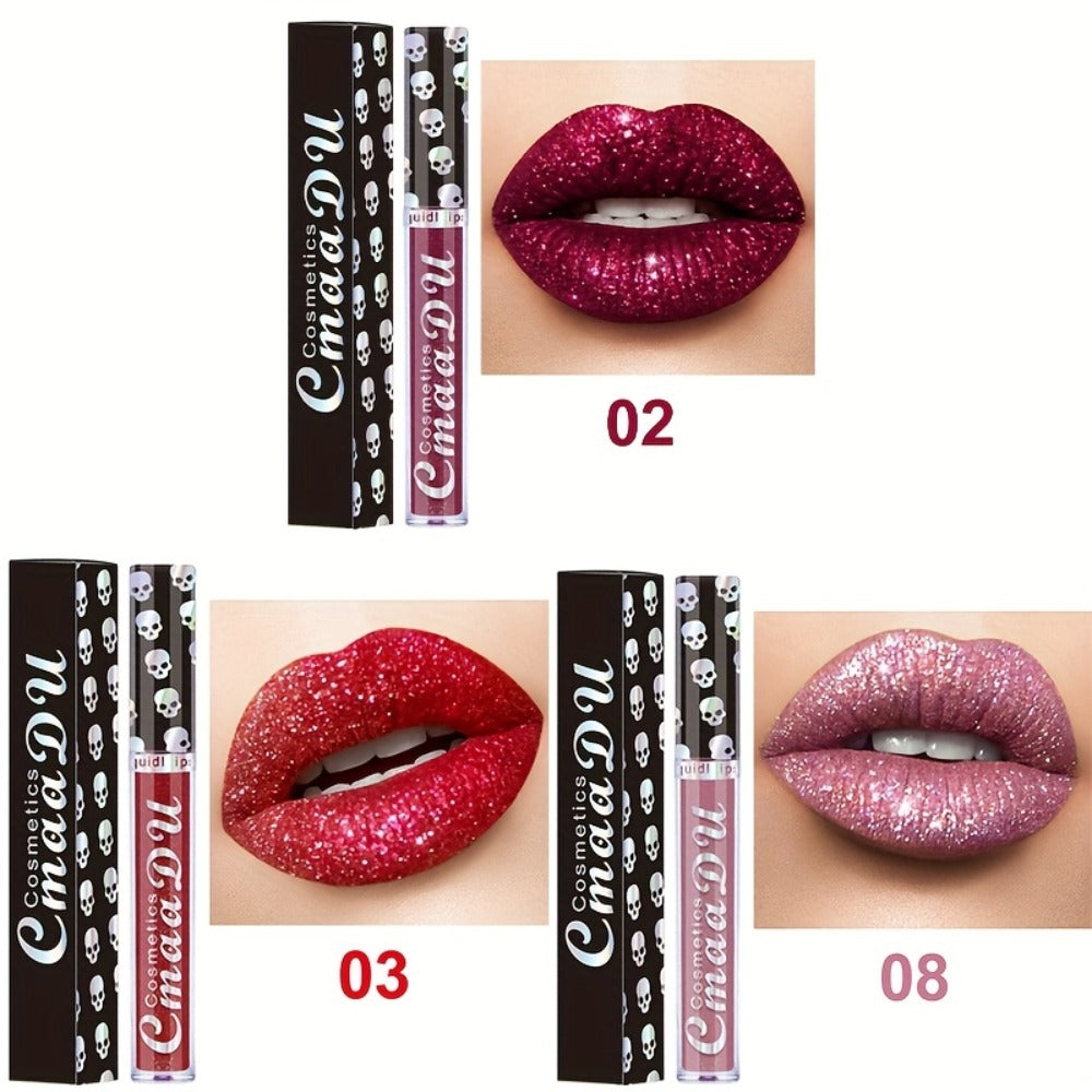 Glitter Lip Gloss Set 3pcs Skull Design Shimmer Liquid Lipstick Long Lasting Easy Remove Bold Shiny Lip Color for Music Festival Rave Party