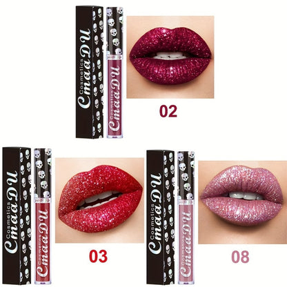 Glitter Lip Gloss Set 3pcs Skull Design Shimmer Liquid Lipstick Long Lasting Easy Remove Bold Shiny Lip Color for Music Festival Rave Party