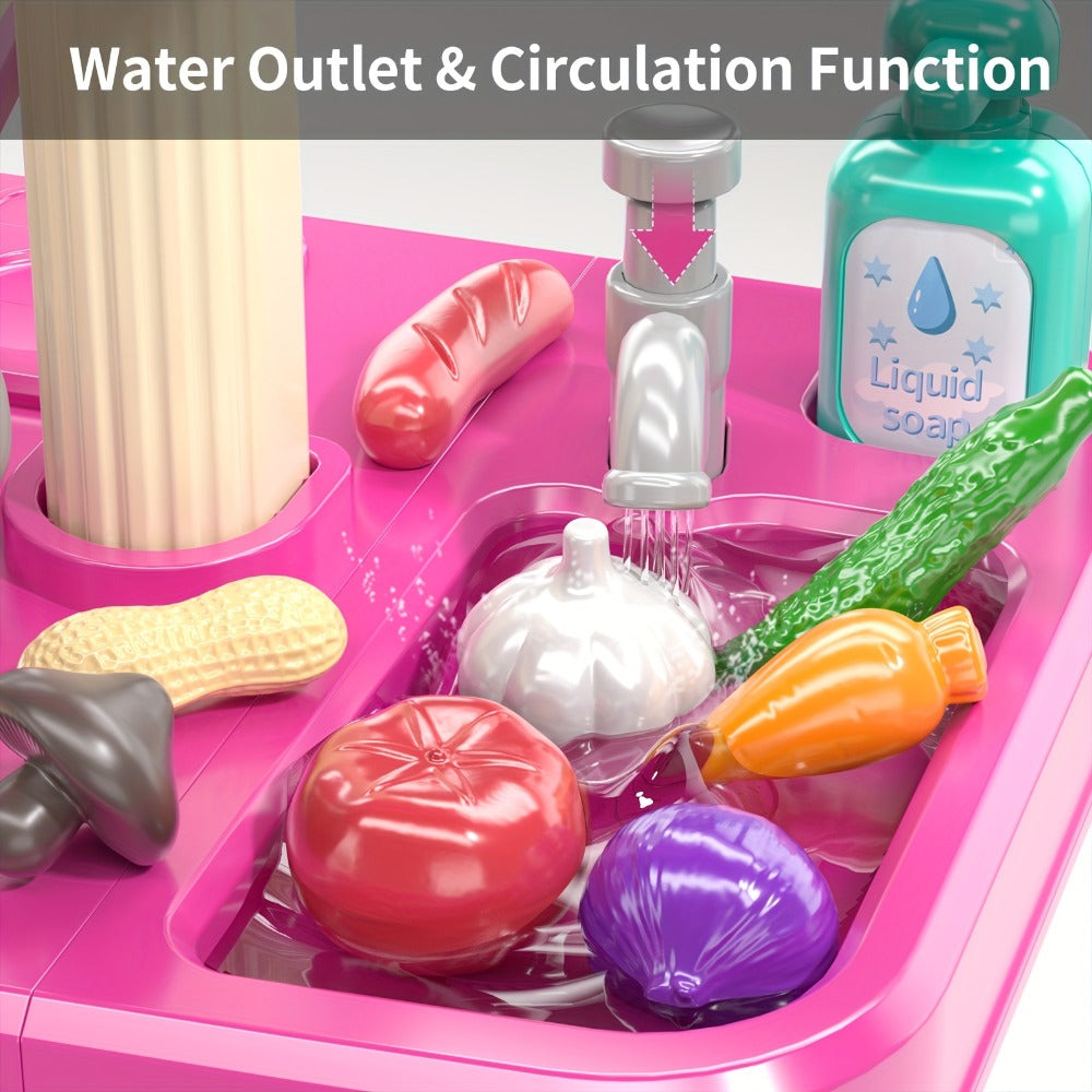Pretend Play Kitchen Playset with Lights & Sounds, Interactive Toy Kitchen Accessories for Toddlers Ages 3+