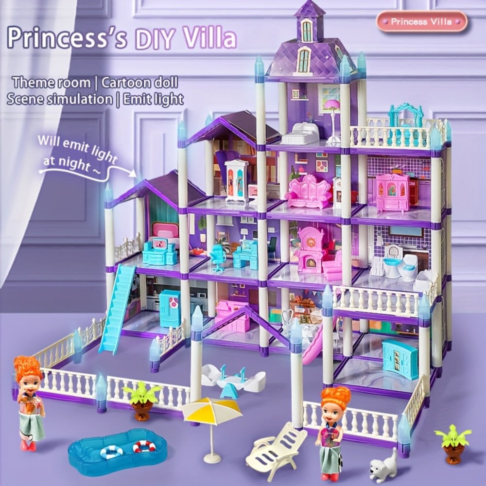 LED Dollhouse Playset for Girls, Purple Multi-Room Playhouse with Doll Figures, Puppies, Furniture & LED Lighting