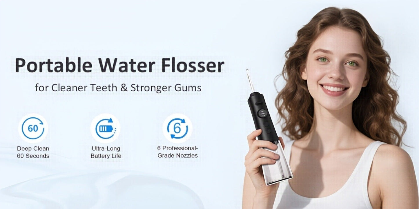 Water Flosser Srivdk Cordless Oral Irrigator with 300ml Tank, Three Pressure Modes, Six Nozzles and USB-C Charging