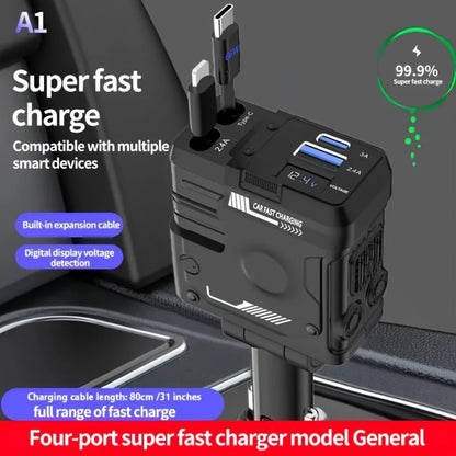 Dual Retractable Cable Car Charger 4-in-1 with Lightning & Type-C 31in, 2 USB-A Ports & Voltage Supervision