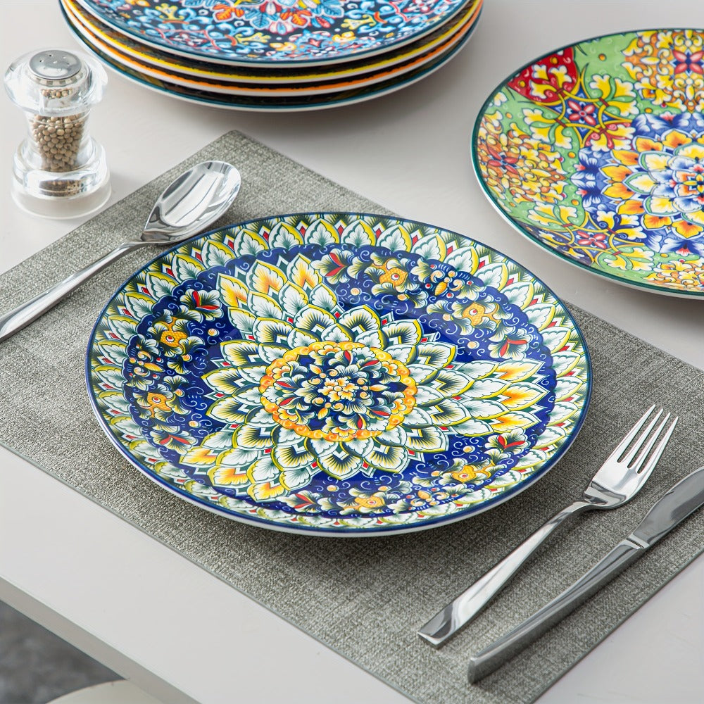 Bohemian Dinner Plates Set of 6 – 10.5 Inch Colorful Stoneware Plate Set Microwave Dishwasher Safe Scratch Resistant Porcelain Dinnerware