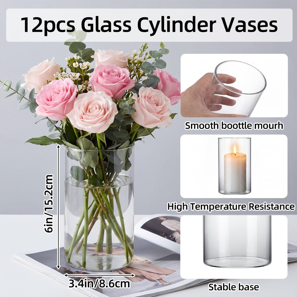 Glass Cylinder Vases for Centerpieces Bulk 12/24pcs, Clear Flower Vases for Wedding Decorations, Floral Arrangements