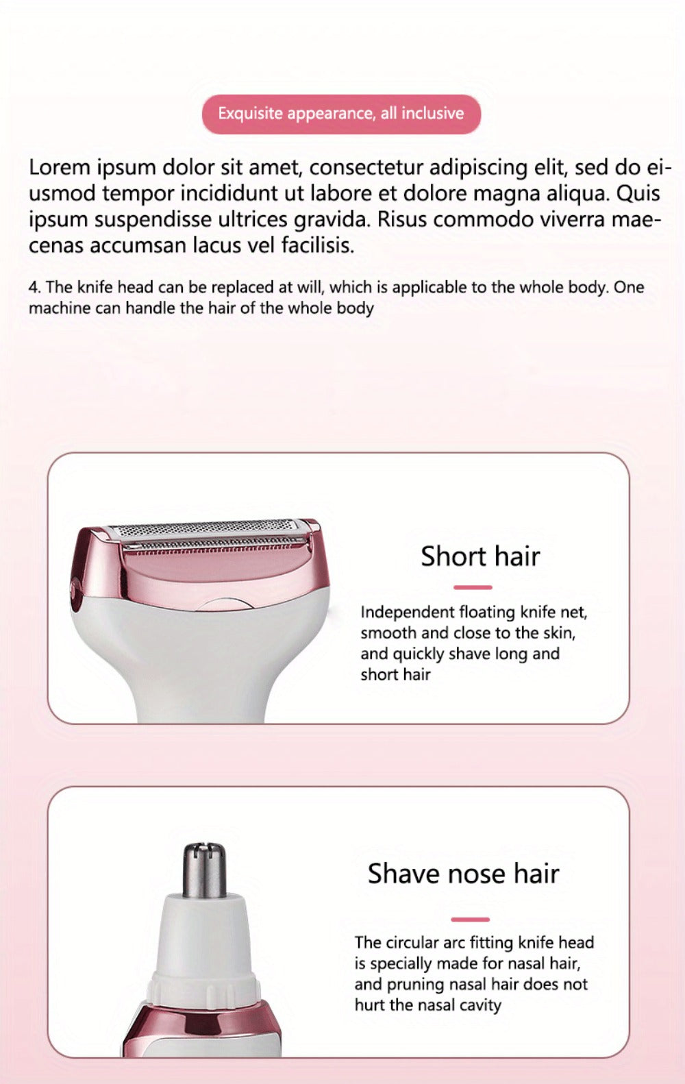 4-in-1 Electric Hair Remover for Women USB Rechargeable Shaver Trimmer – Eyebrow Nose Face Leg Bikini Line Underarm Peach Fuzz Removal