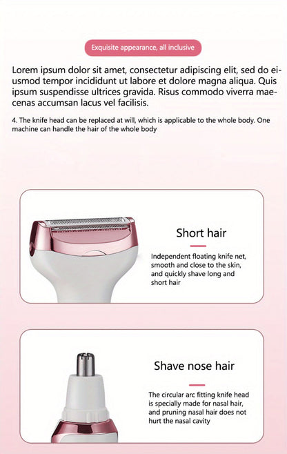 4-in-1 Electric Hair Remover for Women USB Rechargeable Shaver Trimmer – Eyebrow Nose Face Leg Bikini Line Underarm Peach Fuzz Removal