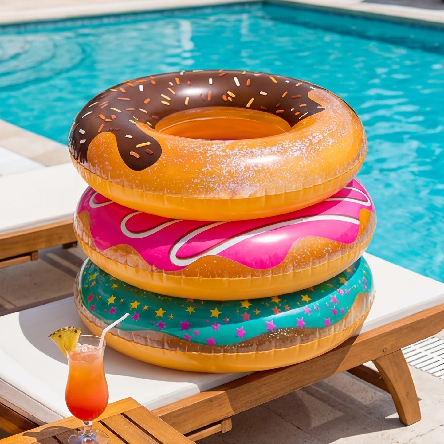 Pool Float Donut Ring Three-Pack with Glitter-Style Strawberry, Chocolate and Mint Designs, 32.5-Inch Diameter