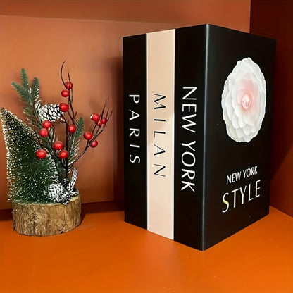 Decorative Fake Books Set of 3 Walnut Wood Style Coffee Table Decor London New York Theme Faux Books for Home Office Shelf Entryway