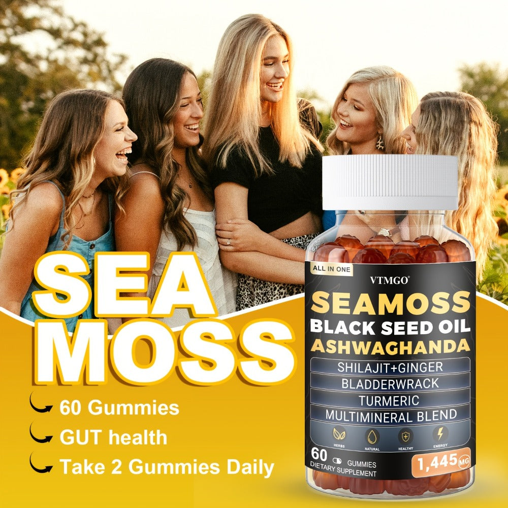 Sea Moss Gummies 1445mg with Shilajit Black Seed Oil Ashwagandha Elderberry Chlorophyll Turmeric Bladderwrack Ginger