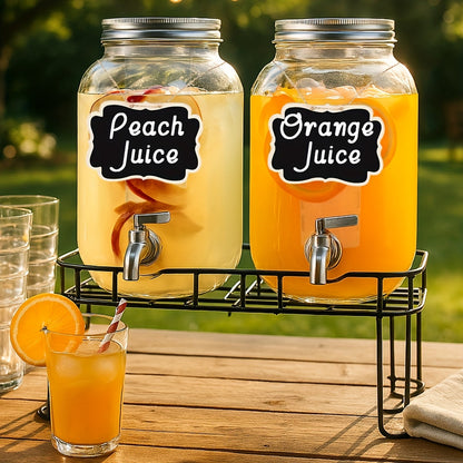 Two 1-Gallon Glass Beverage Dispensers with Spigots and Raised Metal Stand for Parties and Events