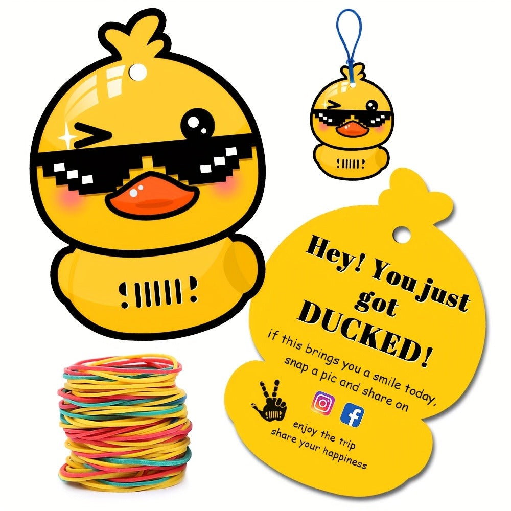 Duck Duck Ducked Party Game Cards 50 Pack, Printed Yellow Duck Tags with Round Hole & Rubber Bands