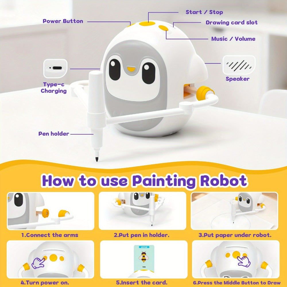 Drawing Robot for Kids Penguin, 200 Learning Cards & 12 Color Pens, STEM Art Educational Toy, Screen-Free Interactive Drawing Game