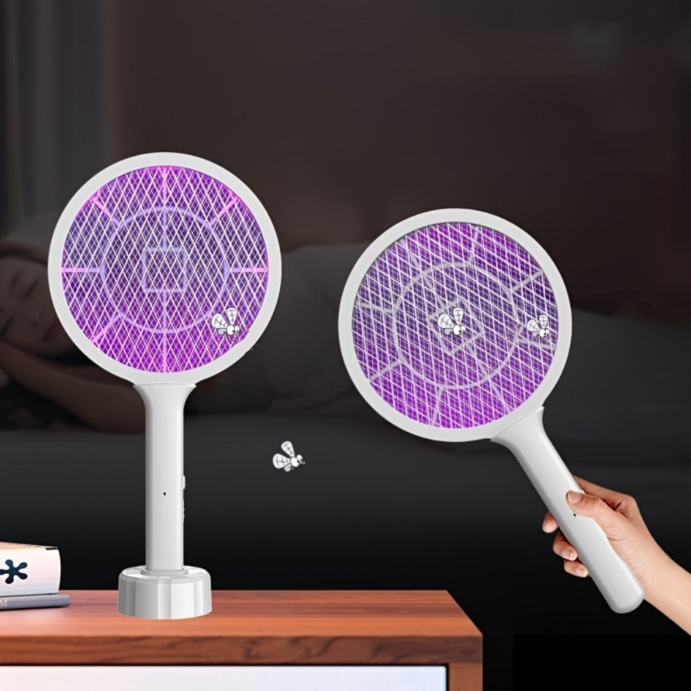 Electric Mosquito Swatter Racket Bug Zapper with LED Night Light & USB Charging, Handheld Insect with Base Stand