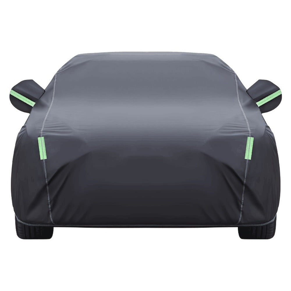Black Full Car Cover in 190T Silver-Coated Cloth with Green Reflective Strips, Storage Bag and Six Sedan or SUV Sizes
