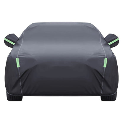 Black Full Car Cover in 190T Silver-Coated Cloth with Green Reflective Strips, Storage Bag and Six Sedan or SUV Sizes