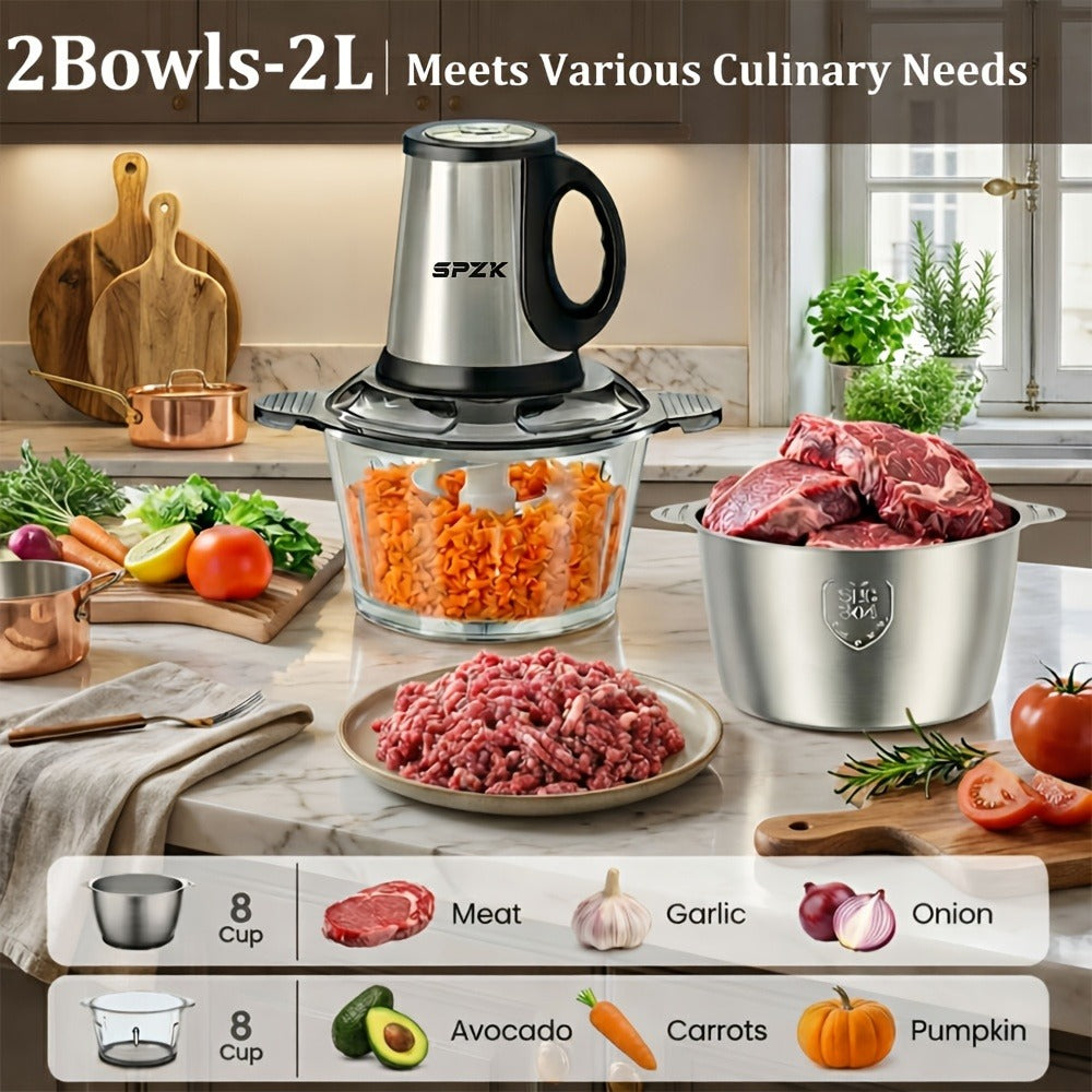 Electric Food Chopper with 2 Bowls & 2 Blades, Multi-Function Food Processor, Meat Grinder & Vegetable Chopper for Meats