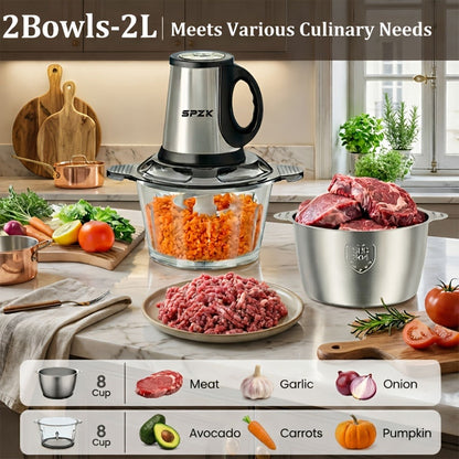 Electric Food Chopper with 2 Bowls & 2 Blades, Multi-Function Food Processor, Meat Grinder & Vegetable Chopper for Meats
