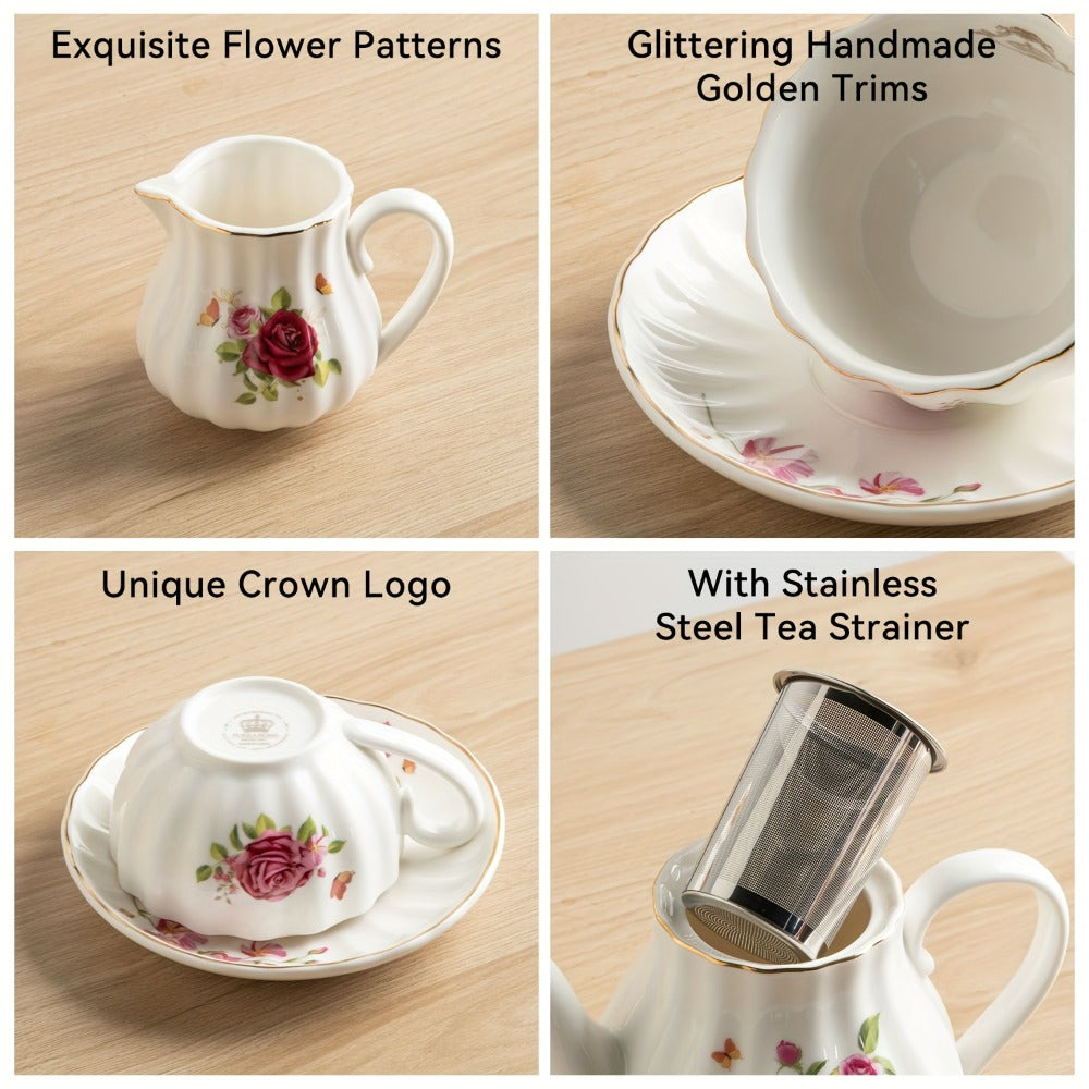 Porcelain Tea Set for 6 - 22 Piece British Royal Floral Service with Teapot, Cups & Saucers, Sugar Bowl