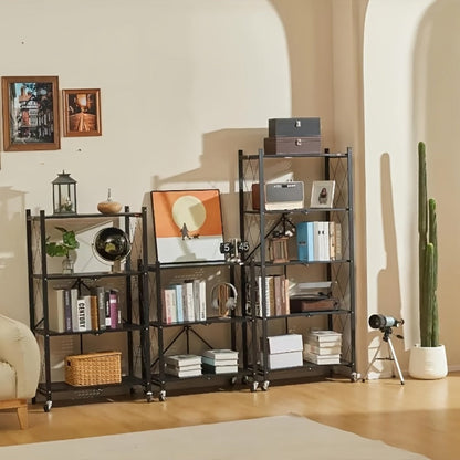 Storage Rack 3-5 Tier Foldable Shelving Unit with Wheels – Portable Multi-Layer Floor Standing Utility Shelf Organizer for Bedroom Closet