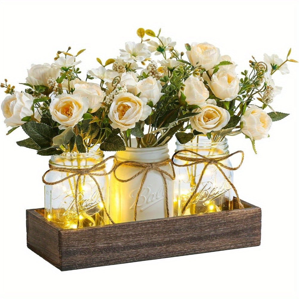 Mason Jar Centerpiece Table Decorations with Wood Tray & LED Lights, 3-Piece Farmhouse Decor Set for Dining Room