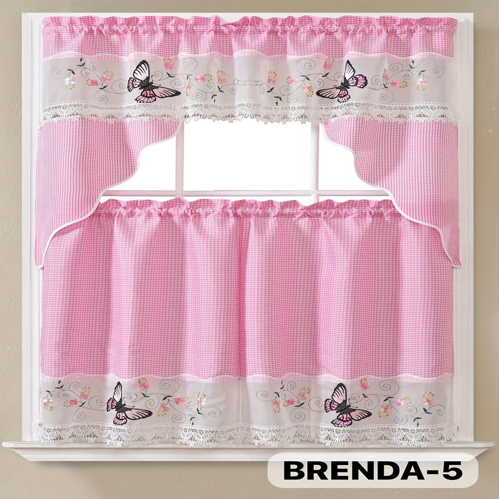 Kitchen Curtains 3 Piece Set Embroidered Satin Valance and Tiers – Rod Pocket Light Filtering Machine Washable 46 Colors