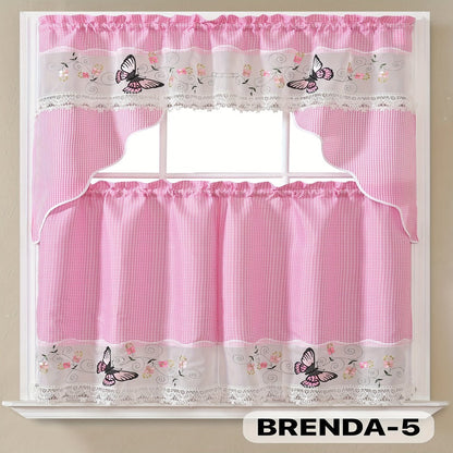 Kitchen Curtains 3 Piece Set Embroidered Satin Valance and Tiers – Rod Pocket Light Filtering Machine Washable 46 Colors