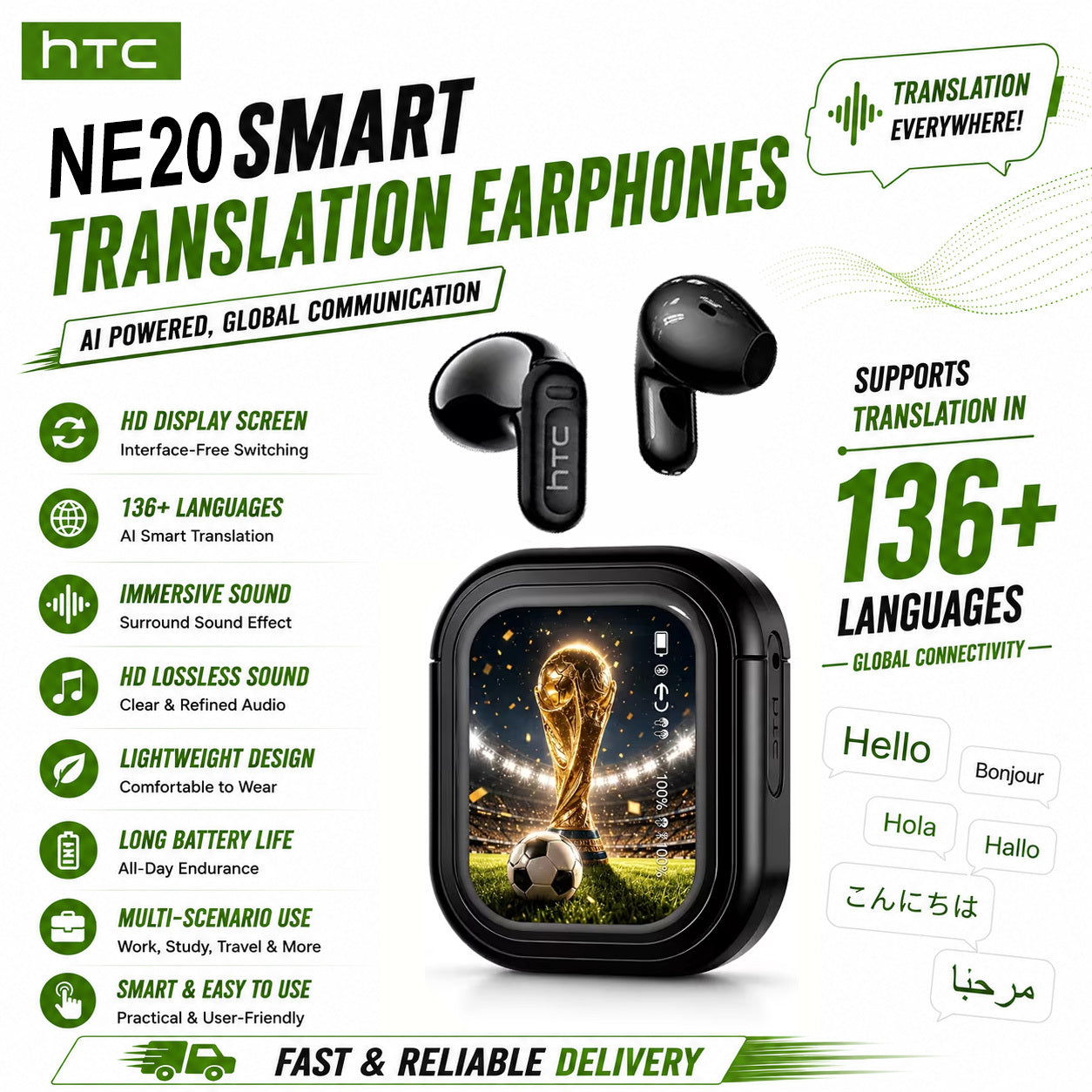 AI Translation Earphones Real-Time 134 Languages TWS Wireless Bluetooth Earbuds HTC NE20 HD for an Everyday Personal Care Routine