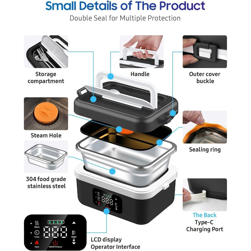 Heated Lunch Box, 8000mAh Battery-Powered 60W Food Warmer with 1L Stainless Steel Inner Container