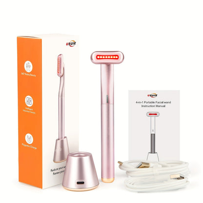Pink Rechargeable Facial Massage Wand with Red LED Bar, Textured Grip and Charging Base for Face and Neck Use