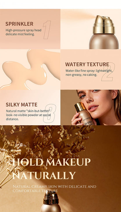 Waterproof Matte Foundation Spray Powder with Brush Set for Women – Sweat-Proof Long-Lasting Full Face Coverage Natural Finish Oil Control