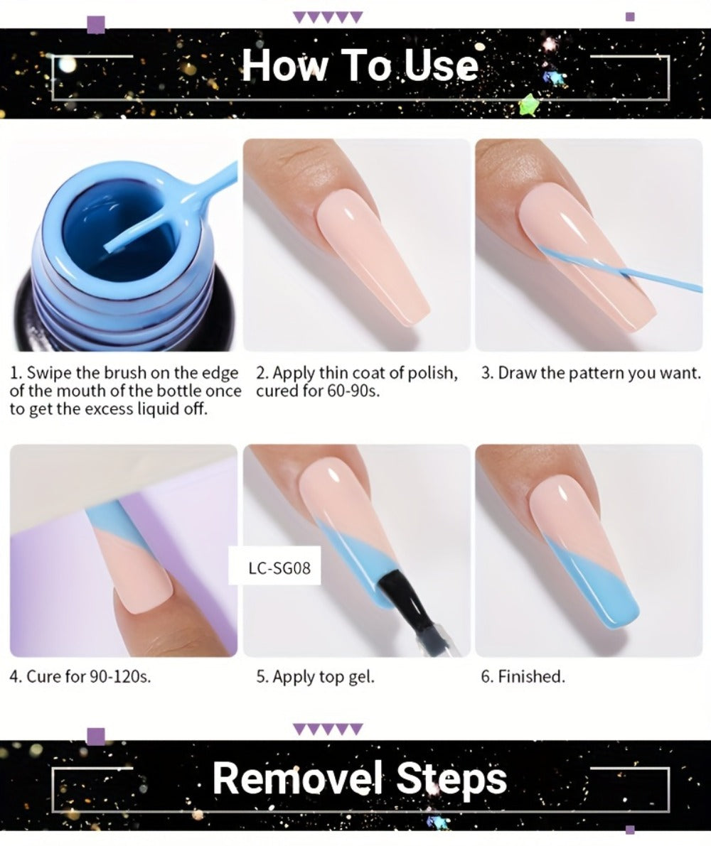 Reflective Liner Nail Art Gel Six-Bottle Set with 5ml CR01 to CR06 Colors and Slim Brushes for Detail Lines