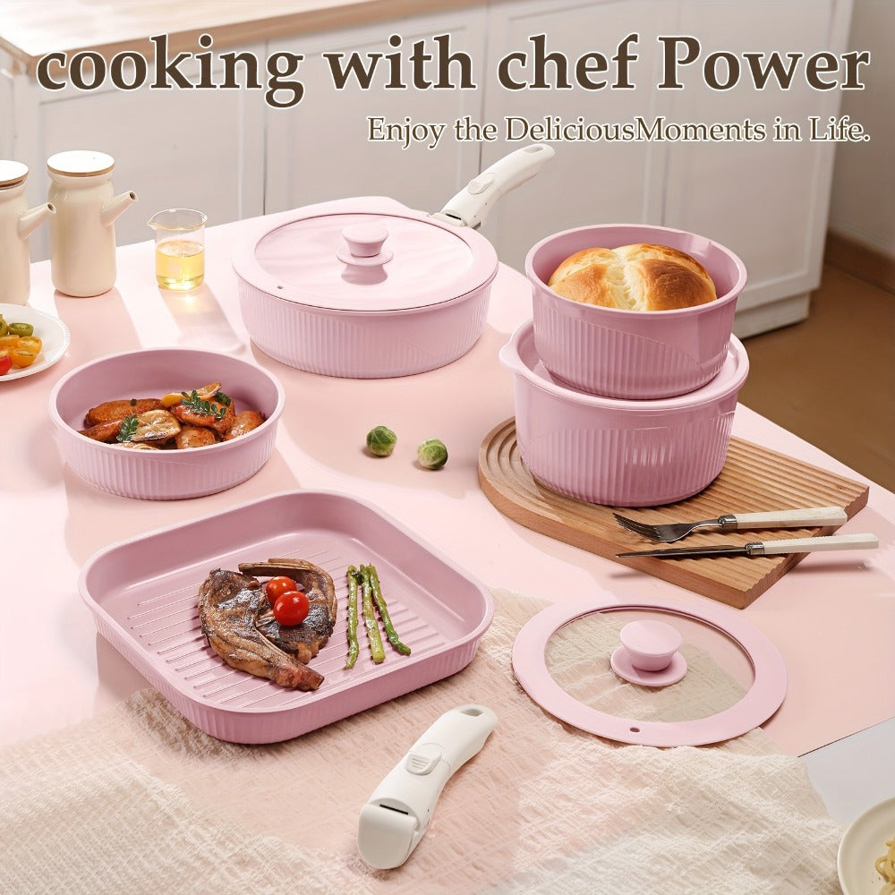 Detachable-Handle Cookware Set in 5-, 7- or 24-Piece Configurations with Stackable Pots, Pans and Lids