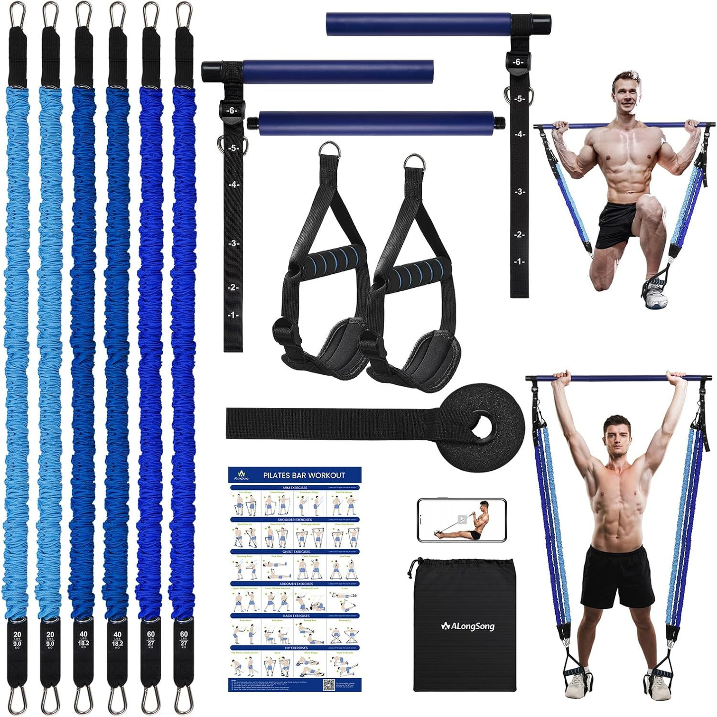 Natural Latex Pilates Bar Kit with Resistance Bands 20-360 lbs – Stainless Steel Handle, Adjustable Length for 5'3"-6'2"