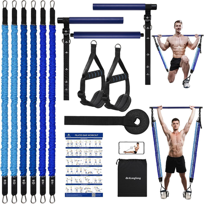 Natural Latex Pilates Bar Kit with Resistance Bands 20-360 lbs – Stainless Steel Handle, Adjustable Length for 5'3"-6'2"