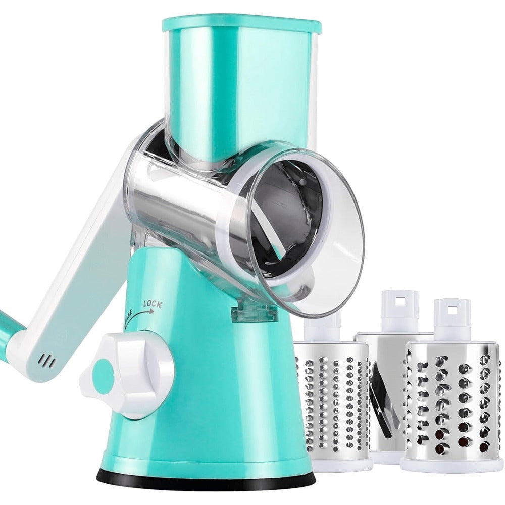 Rotary Cheese Grater, Stainless Steel Hand Crank Shredder with 3 Interchangeable Blades, Suction Base & Cleaning Brush
