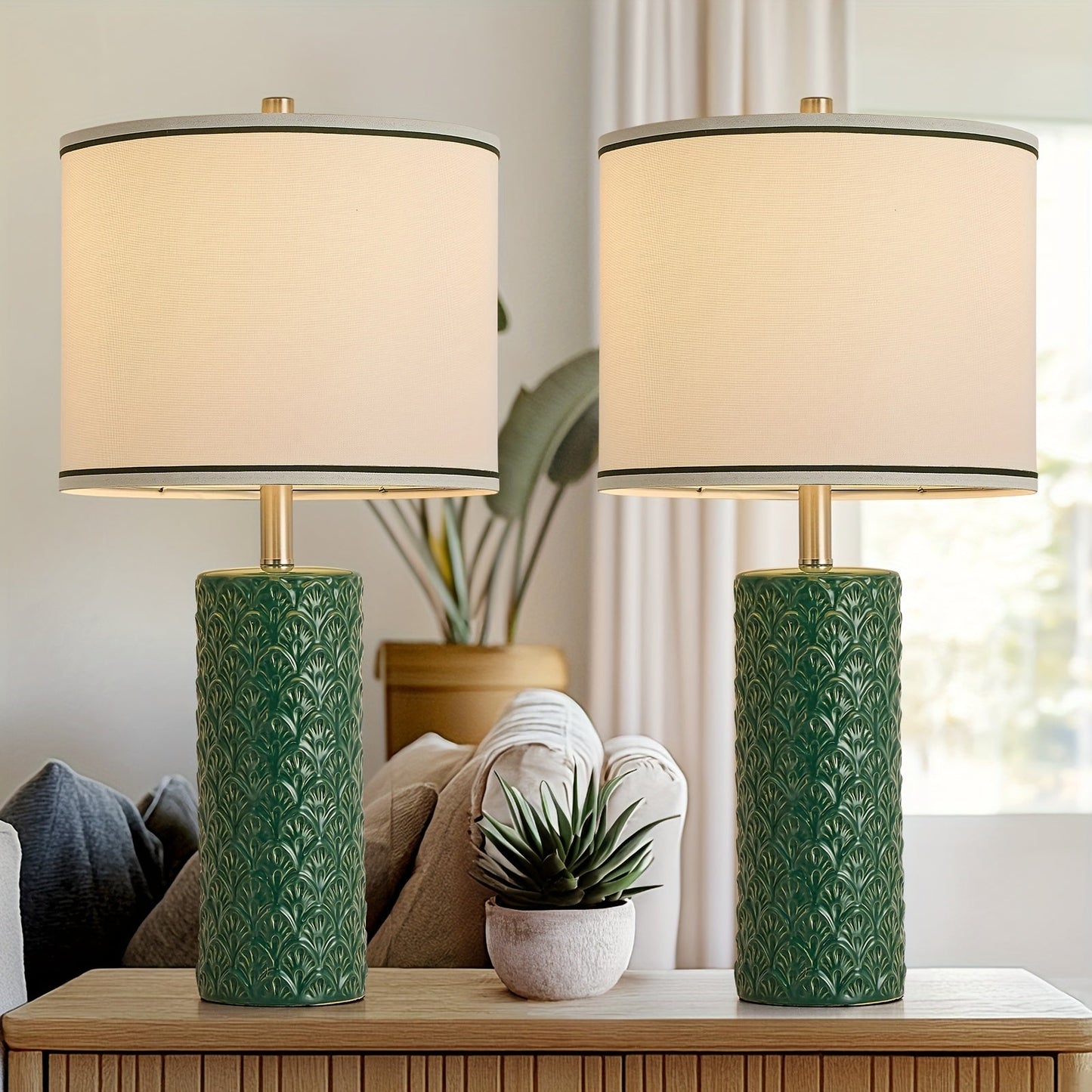 Table Lamp with Ceramic Textured Base, Drum Shade, 9W LED Bulb, Five Colors and Three Color Temperatures