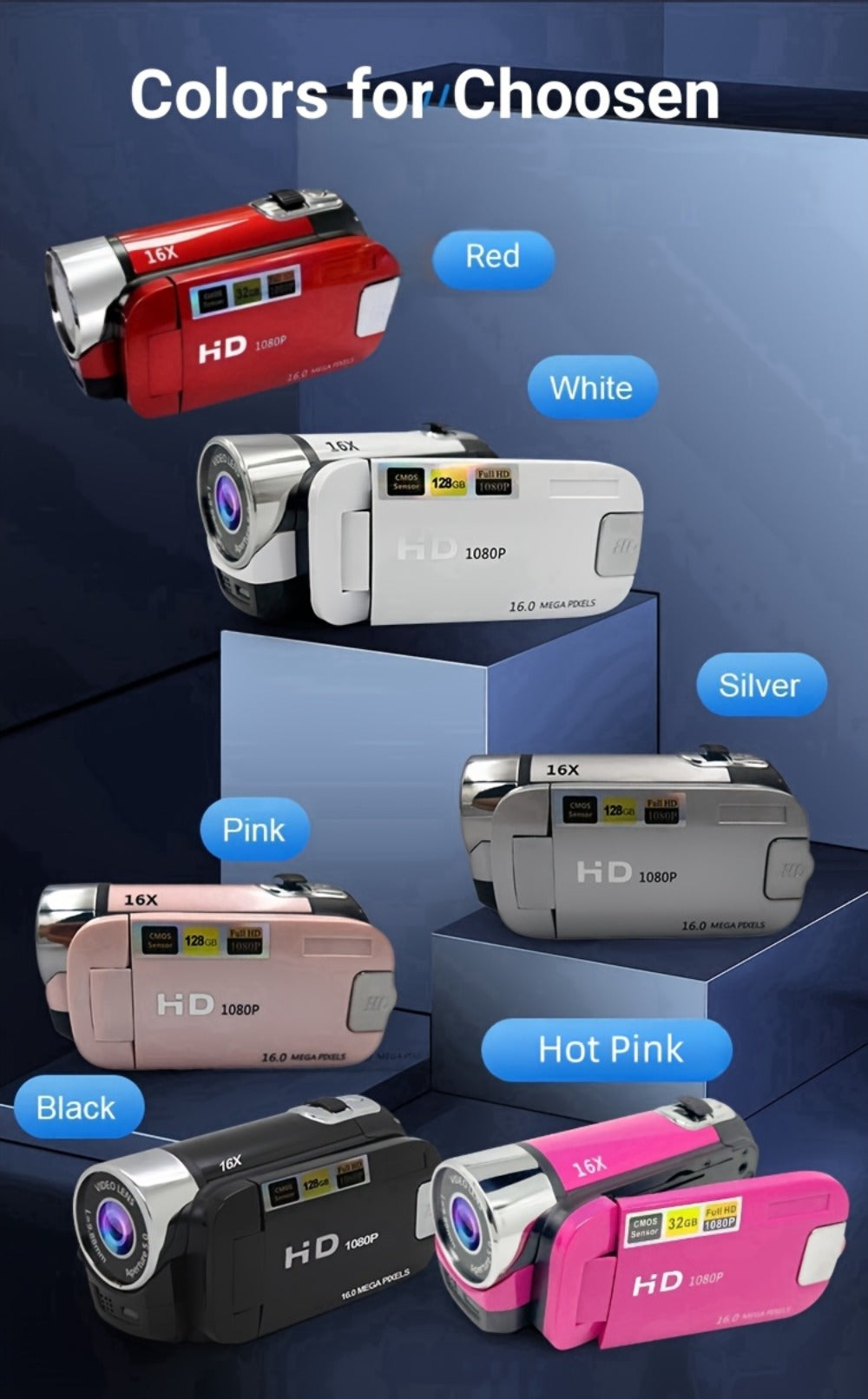 Portable 1080P Digital Camcorder with Rotating Screen & 32G Memory Card, Rechargeable Battery, Selfie Support